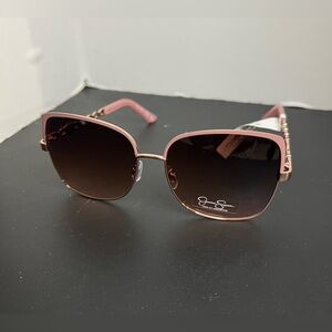 Jessica Simpson Metal Chain UV Protective Square Sunglasses Pink Gold Nude